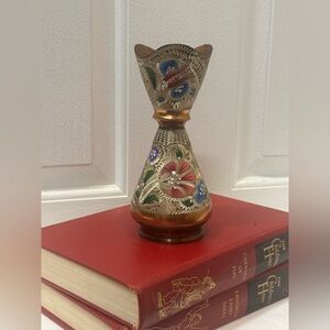 Decorative Turkish Copper Vase With Multicolor Enamel Accents